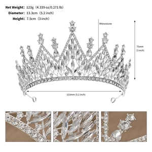 Detailed dimensions of silver rhinestone bridal crown with 13.3cm diameter and 7.5cm height