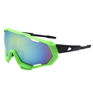 Neon green cycling sunglasses with colorful blue mirrored lenses for outdoor sports