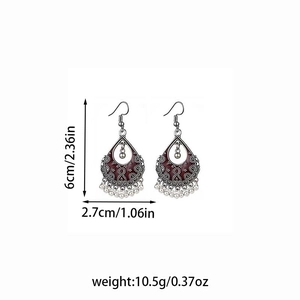 Detailed size view of Bohemian red enamel tassel earrings with 6cm length and 2.7cm width