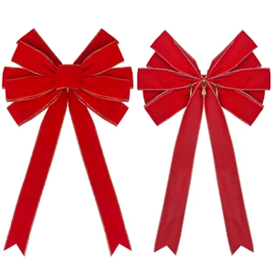 Pair of red velvet Christmas bows with gold wired edges and metal hooks for hanging