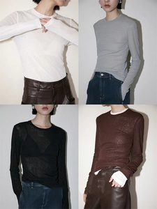 Womens Long Sleeve T-Shirt Vintage Bamboo Texture Layering Top Round Neck Semi Transparent Casual Polyester Clothing