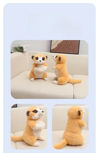 Multiple views of a realistic meerkat plush toy showing soft texture and lifelike details