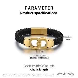 Vue détaillée du bracelet en cuir tressé noir avec fermoir menottes en acier doré