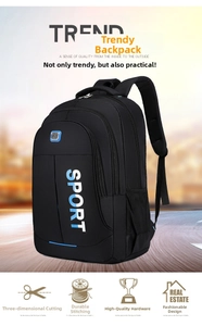Detail of black oxford backpack with blue accents and breathable mesh side pocket