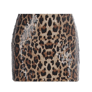 Mini gonna retrò con stampa leopardata e paillettes, vita alta e finitura lucida