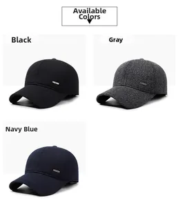 Winter wool baseball caps in black, grey, and navy blue with warm ear protection