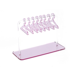 Pink acrylic earring display rack with 8 mini hangers for jewelry organizing and storage
