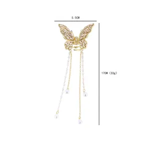 Golden crystal butterfly hair claw clip with elegant pearl tassel chain fringe