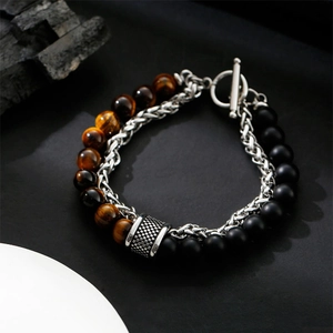 Bohemian braided rope bracelet with tiger eye and black onyx stones and T-bar clasp