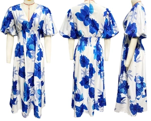 Detailed three-view of A-line floral dress with puff sleeves and V-neckline on a white mannequin