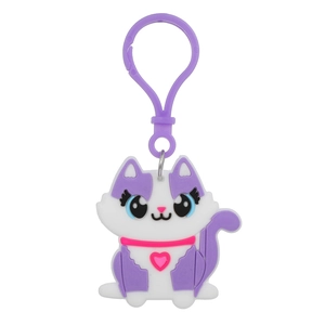 Detail showing the purple cat keychain made of soft PVC with a heart charm and hook