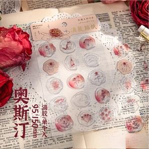 Detailed relief stickers featuring vintage rose and cat motifs with gold foil stamping
