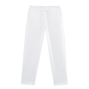Detailed view of white high-waisted dress pants with concealed waist fastener and flat front