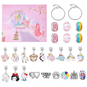 Detailed view of DIY advent calendar kit with charms and silver bracelets for children