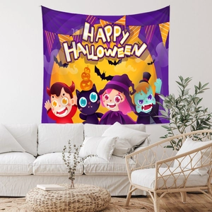 Detail of a purple Halloween wall tapestry featuring cartoon characters on a white wall