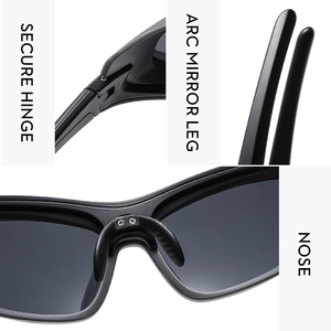 Detail view of secure hinges, arc mirror legs, and comfortable nose pads on Y2K sports sunglasses