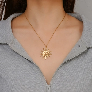 Elegant women's 18K gold plated stainless steel necklace with sunburst spiral pendant