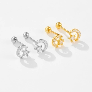 Elegant S925 sterling silver star and moon earrings with shiny zircon in gold and silver