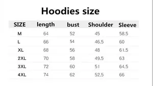 Detailed size chart for men's hooded sweatshirt with measurements in centimeters