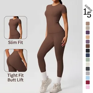 Ensemble de Yoga pour Femmes Couleur Unie Brossé Respirant Leggings de Sport Haut Et Pantalon Vêtements de Fitness