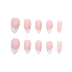 Unghie finte a mandorla french rosa e bianco con bordi dorati glitterati fini