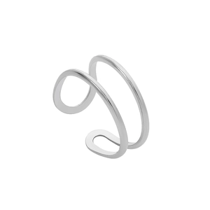 Vue détaillée d'une bague ouverte minimaliste en acier poli à double couche aux lignes pures