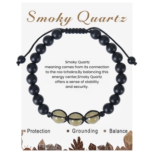 Detail of Smoky Quartz energy bracelet with 8mm matte black beads on a display card