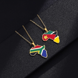 Close-up of African map pendants with South Africa and Mozambique flag enamel details