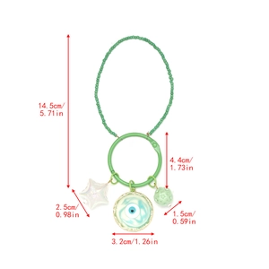 Green evil eye keychain dimensions with star charms and beaded strap measurements