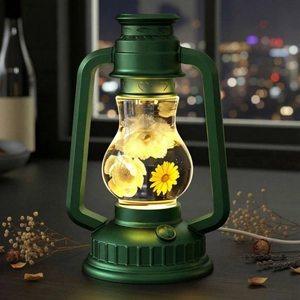 Vintage Nachtlicht im Petroleumlampen-Stil mit Trockenblumen und dimmbarem Schalter