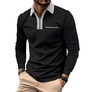 Detail of color-block zip Polo shirt featuring grey lapel and decorative chest pocket