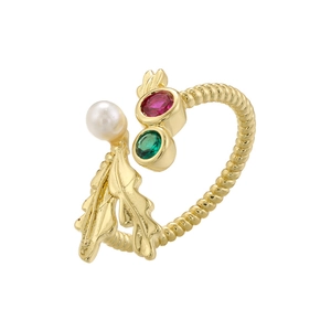 Golden open adjustable ring with metal leaves, white pearl, and colored gemstones