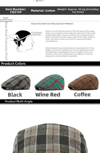 Detailed plaid cotton flat cap measurements, color options, and size guide with dimensions