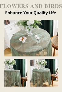 Close-up of sage green lace tablecloth with intricate floral embroidery and ruffled edges