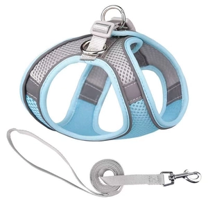 Reflective blue mesh dog harness and leash set with adjustable buckles on white background