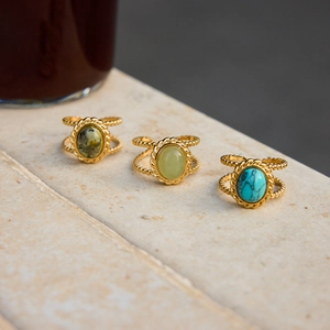 Classic 18K gold plated stainless steel adjustable rings set with oval turquoise stones