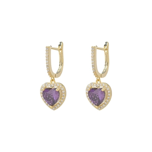 Elegant gold heart earrings with purple crystals and cubic zirconia micro-pave