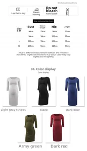 Size chart and washing instructions for the long-sleeved maternity bodycon dress