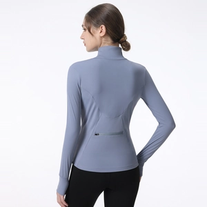 Veste de sport yoga slim pour femme avec col montant et poche zippée à l'arrière