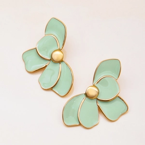 Detailed view of mint green enamel flower earrings with gold stainless steel edges