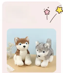 Macro shot of fluffy husky plush toy with blue eyes and detailed stitching texture