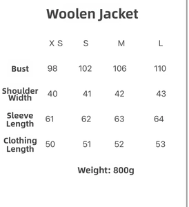 Size chart for wool blend fashion jacket showing bust, shoulder, and sleeve measurements