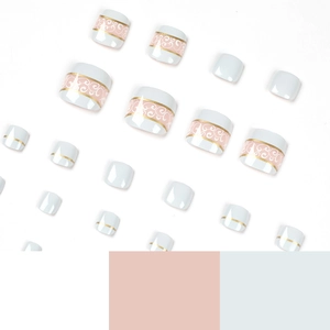 Elegant light blue press-on toe nails with golden swirl patterns and pink stripe accents