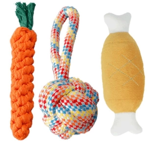 Three-piece dog chew toy set featuring a carrot rope, knot ball, and plush bone toy