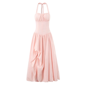 Halter Maxi Dress For Women Polyester Cotton Blend Backless Corset Lace Up High Waist Sleeveless Elegant Sexy Sweet