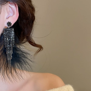 Gros plan de boucles d'oreilles noires à pampilles en plumes portées par un mannequin