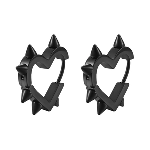 Matte black stainless steel heart earrings with punk style spikes and hinged closures