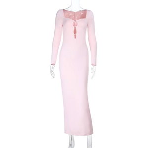 Detail of pink bodycon long sleeve dress featuring square neck with metal cutout hook