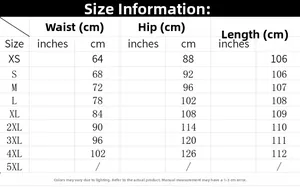Size chart for high waist stretch denim trousers showing waist and hip measurements
