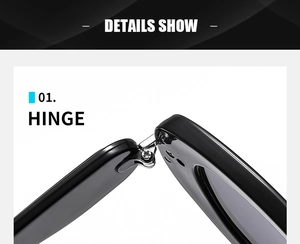 Detailed macro view of the glossy black oval sunglasses hinge with silver metal screws